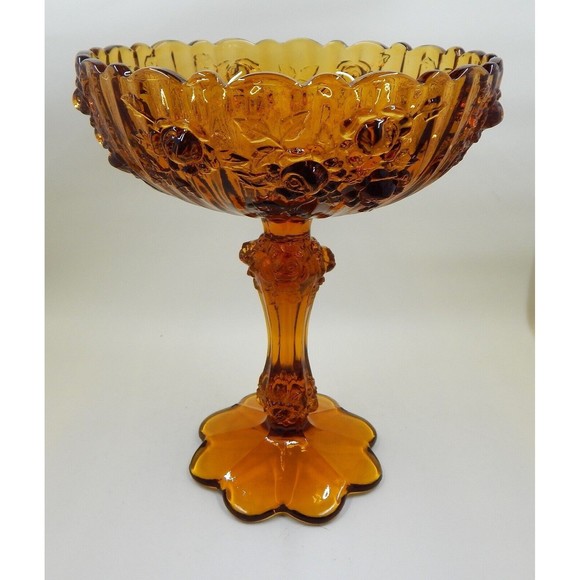 Fenton Cabbage Rose Amber Compote Pedestal Bowl Candy Dish - Picture 4 of 12